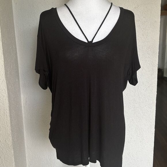 Vintage Wet Seal Y2K Black Tie T Shirt With Asymmetrical Bottom Size Large - Picture 1 of 6